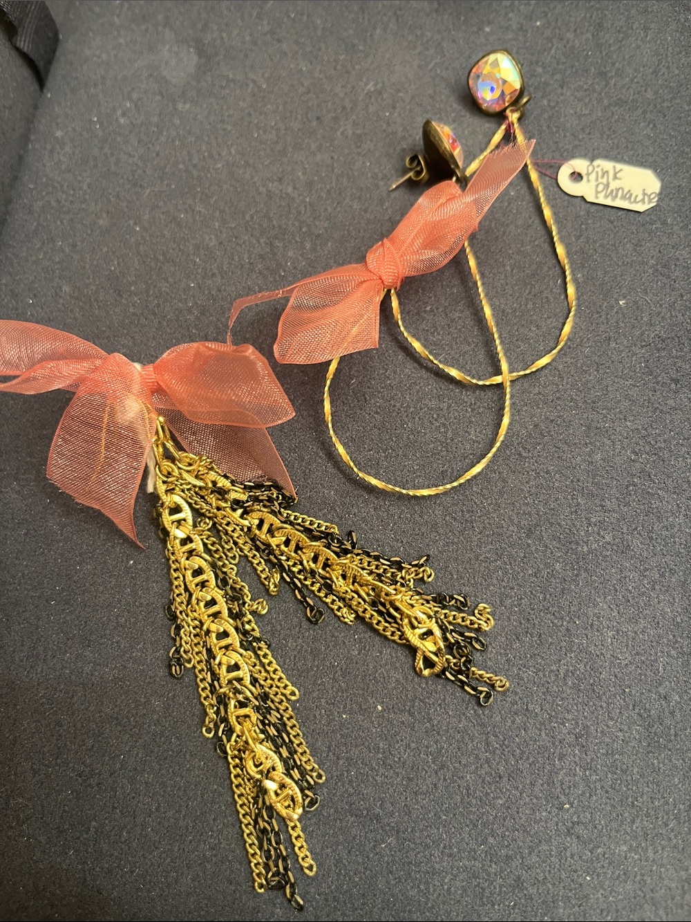 Gold-Tone Chain Tassel Earrings with Coral Ribbon Accent